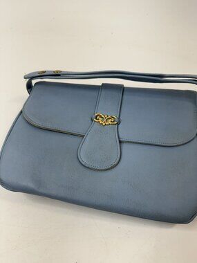Vintage Blue Faux Leather Shoulder Bag With Gold Clasp & Adjustable Strap